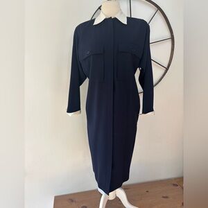 GUCCI 1980s vintage button front navy blue collared wool shirt dress 38 US 2